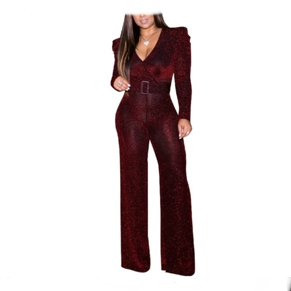 VALENTINE RED METALLIC COPPER JUMPSUIT. Size Med. Long sleeve. Wide Leg NWOT - Picture 1 of 10